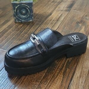 Dirty Laundry Lug Heel Black Mules with Crystal Chain Accent